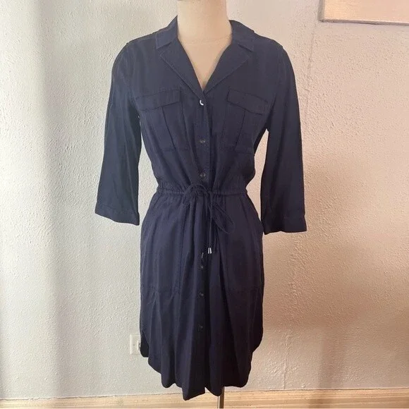 NEW French Connection Navy Blue Kruger Tencel Tie Waist Button Front Dress Sz 4 - Picture 5 of 11